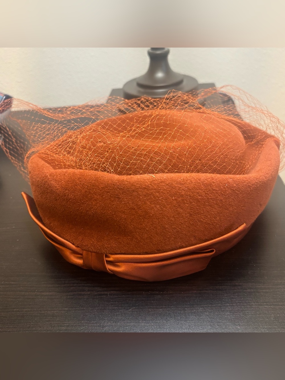True Vintage 50s 60s Burnt Orange Felt Cocktail Hat Netting Veil Union Stamp